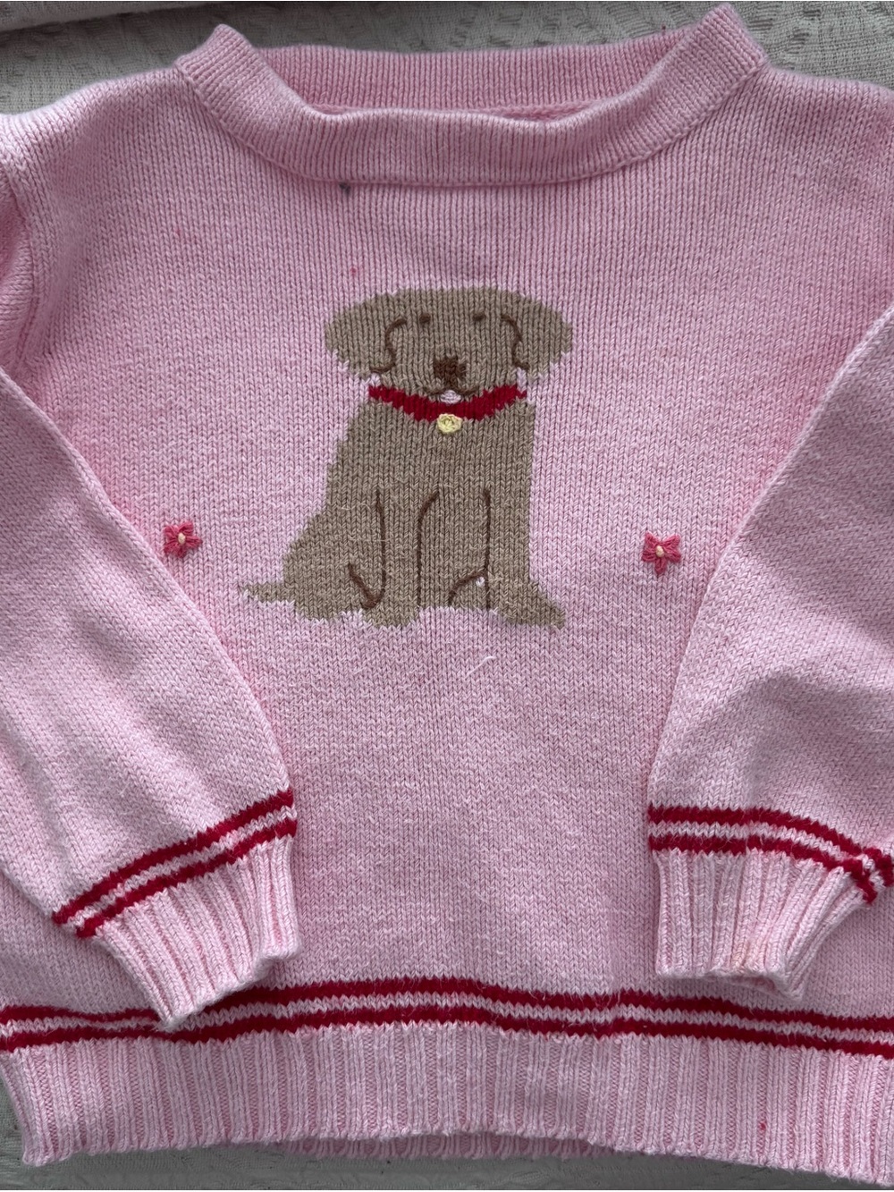 Little English Pink Knit Dog Sweater with Brown Puppy Motif